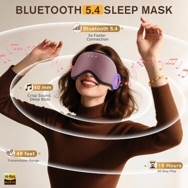 Маска для сну Dolida з Bluetooth навушниками V5.4, рожева. Комфортна маска з 3D-подушечками для очей та мікрофоном для бічних положень, подорожей та денного сну