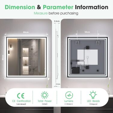 Дзеркало для ванної кімнати S'bagno з підсвічуванням 100x70 см, 5x збільшення, LED, рамка з алюмінію, протитуманне покриття, 3 кольори, диммування, функція пам'яті, HD загартоване скло, IP44, водонепроникність