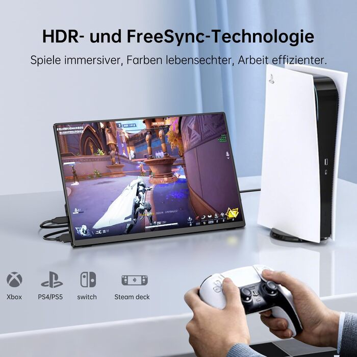 Портативний монітор 15.6' FHD IPS з динаміками та підставкою, ультратонкий додатковий екран для ноутбука/ПК/Mac - USB-C & HDMI, з захисним чохлом, матовий чорний 15.6