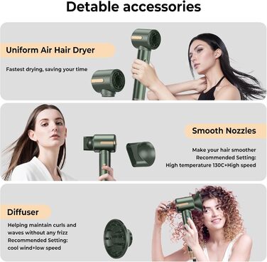 Airstyler Pro 7-в-1: Фен-щітка, плойка, випрямляч, стайлер для волосся Atopskins, 11000 обертів, з насадкою-дифузором, для створення об'єму, локонів та випрямлення, зелено-золотий