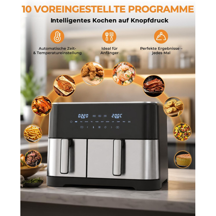 Аерофритюрниця WELLENT Dual Zone XXL 11л - 2950W з 2 камерами (6+6л), функцією Match & Sync, вікном огляду, таймером та можливістю миття в посудомийній машині