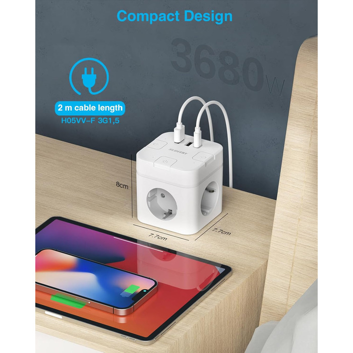 Багатофункціональний розподільник розеток 6 в 1 з USB-C, 3 розетки, плоский штекер, індивідуальне вмикання, кабель 2м, 1 USB-C, для офісу, дому, подорожей (білий)