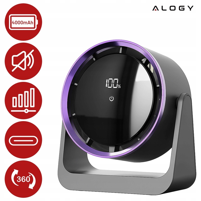 Настільний вентилятор Alogy — портативний обертовий вітряк (настільний/настінний), сріблястий/сірий