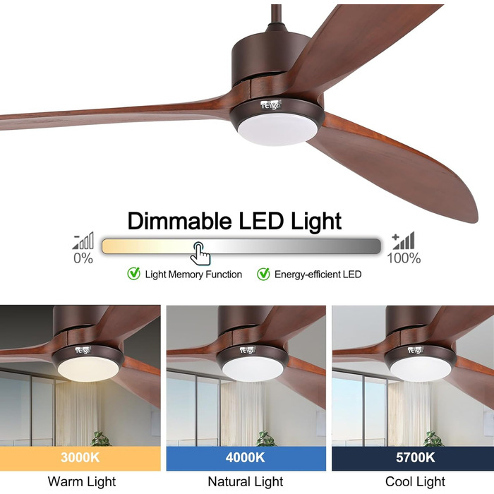 Стеляний вентилятор Reiga з підсвічуванням, 165 см, масивне дерево для зовнішнього використання IP44, диммована LED-лампа та DC-двигун, сумісний з Alexa & Google Home з пультом керування, дерев'яні лопаті, колір: коричневий