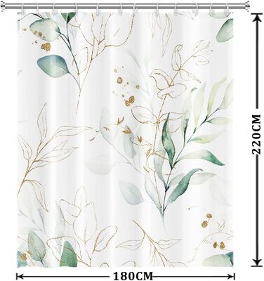 Штора для душу 180x220 см, Евкаліпт, зелені листя, анти-грибок, акварель, рослини, водонепроникна, поліестер, з гачками для ванної кімнати