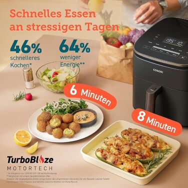 Cosori Turboblaze Air Fryer, 9-in-1 Air Fryer XXL 6L, quiet DC motor with 5 speed settings, grilling, baking, proofing, dehydrating, thawing, 87 recipes, 64% energy saving Turbo Blaze Dark Grey