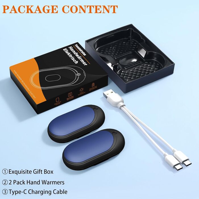 Електричний грієчка для рук, перезаряджуваний набір 2 шт. з акумулятором 6000mAh, USB-кабель, 3 режими нагріву, 20 годин тепла, перезаряджувана кишенькова пічка для активного відпочинку взимку (чорний, синій)