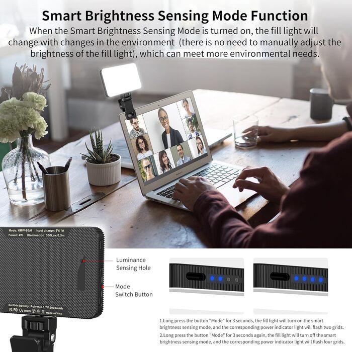 LED-відеолампа Newmowa NMW-80AI для селфі, TikTok, відеоконференцій та макіяжу, з датчиком світла