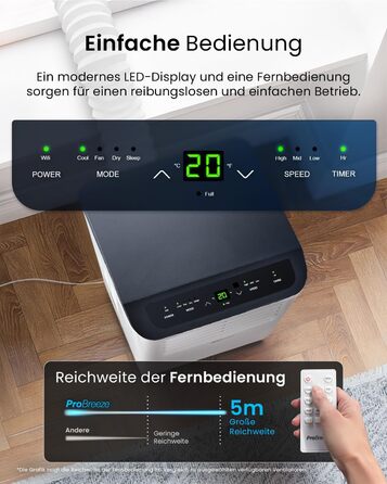 Мобільний кондиціонер Pro Breeze™ 4-в-1: охолоджувач, вентилятор, осушувач повітря, нічний режим, клас енергоефективності A, комплект ущільнювача для вікна, пульт дистанційного керування та таймер 24 години, білий (12000 BTU, Smart App)