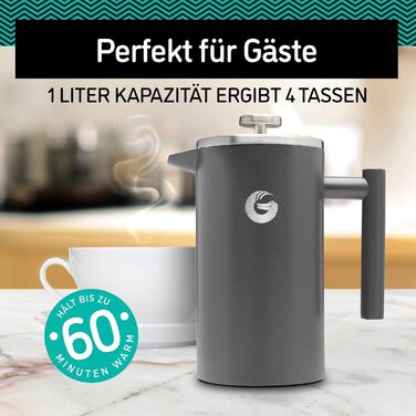 Coffee Gator French Press Coffee Maker - Stainless Steel Thermo Coffee Pot for Longer Hot Coffee - 1 Liter – Grey - Includes Travel Coffee Canister