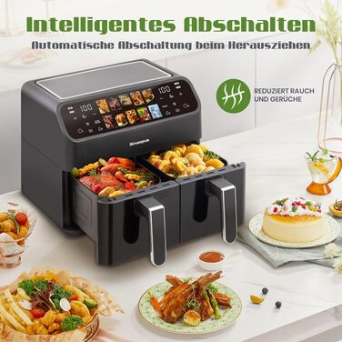 Аерофритюрниця Air Fryer 9л 2000 Вт, двокамерна фритюрниця з гарячим повітрям та термоізольованими ручками, чорна (901-schwarz)