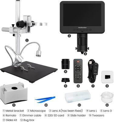 Цифровий мікроскоп Andonstar AD246S-M з 7-дюймовим екраном, 2000x, 3 об'єктиви, 2160P UHD відеозапис, 32GB карта пам'яті