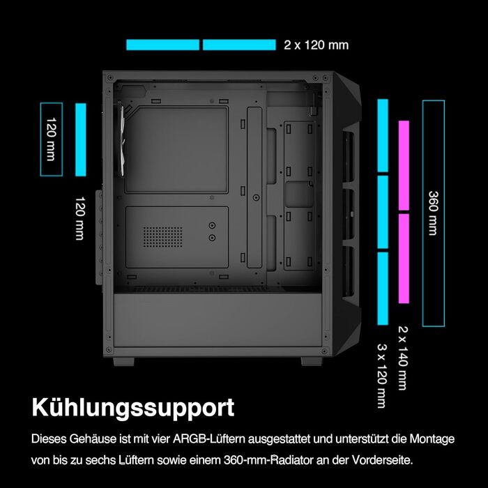Корпус для ПК GAMDIAS Aura GC1 Elite ARGB Midi-Tower: сітка для високої циркуляції повітря, 4 x 120 ARGB вентилятори, скляна панель, підтримка синхронізації материнської плати, чорний
