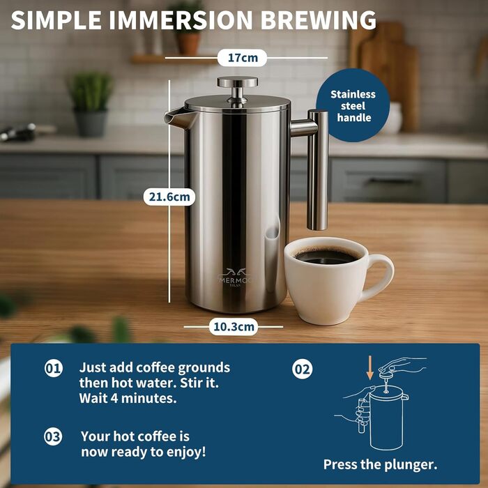 Френч-прес MERMOO YILAN 1L з нержавіючої сталі: термоізольований кавовар для кемпінгу, з подвійною стінкою, 1000 мл (срібний)