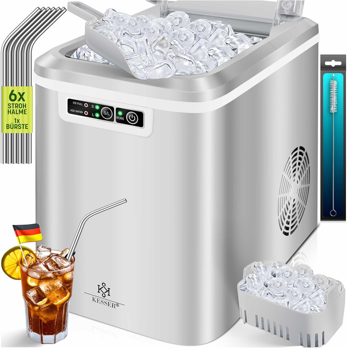 Машина для приготування льоду KESSER® з нержавіючої сталі, 12 кг/24 год, 2,2 л резервуар, LED-дисплей, самоочищення