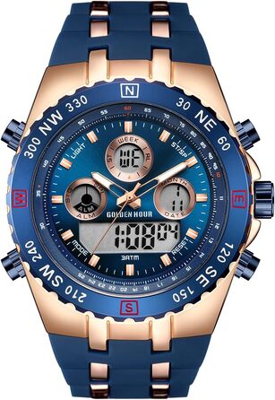 Чоловіжі військові спортивні годинники: цифрові, аналогові, з датою, будильником, світосвітністю, секундоміром. Великі годинники для чоловіків (Rose Gold Blue)