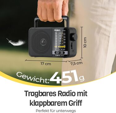 Радіоприймач PRUNUS J-25S FM/AM/SW: Портативне радіо на сонячній батареї з акумулятором 1800mAh, великий динамік, чудовий прийом, просте радіо для літніх людей