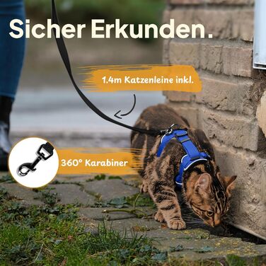 Шлейка для кота Tierhood з повідком [Нова, ЛЕГКА версія] - Шлейка з повідком для котів та кошенят - Комплект шлейки та повідка для котів - Контрольована свобода - Розмір S (S (обхват шиї 18-29 см) (обхват грудей 33-44 см), Синій)