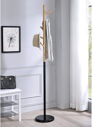 IDIMEX Clothes Rack Enrico, Elegant Standing Coat Rack with 6 Hooks, beautiful coat rack made of metal and pine wood in white/natural (black/natural)