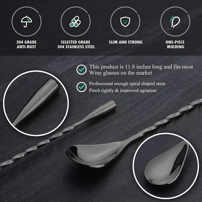 Якісний барний мішальний ложка YFWOOD з нержавіючої сталі з довгим руків'ям, для барменів, чорний