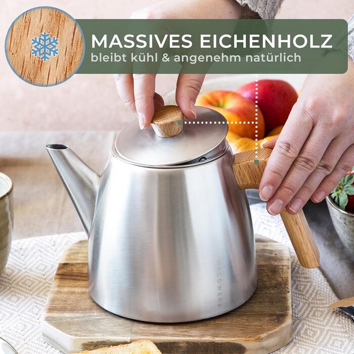 WALDWERK Teapot with Infuser - Teapot Thermal Double-Walled - Teapot with Strainer made of 304 Stainless Steel - Tea Maker with Genuine Oak Wood Handles - Tea Pot 100% Drip-Free