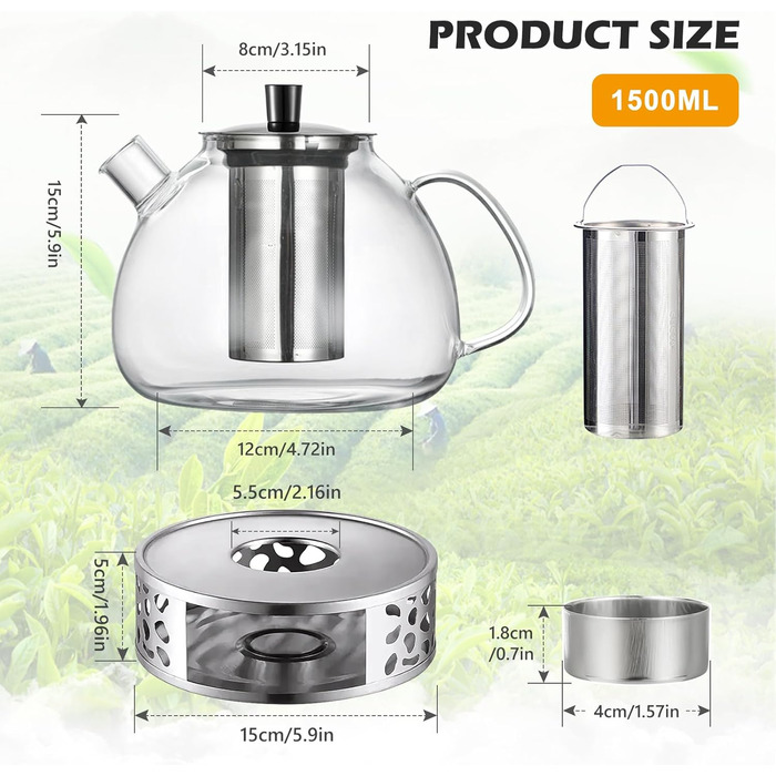 Скляний чайник для заварювання чаю Teekanne з підставкою-підігрівачем та ситечком, боросилікатне скло, 1500 мл