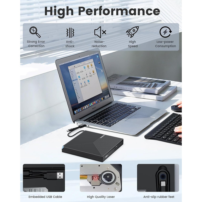 Зовнішній DVD-привід ORIGBELIE USB 3.0 та Type-C, портативний DVD-записувач для ноутбука та ПК