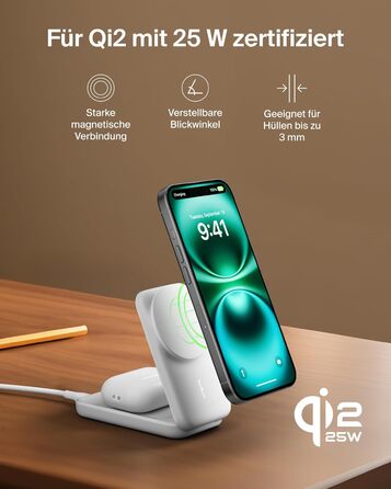 Беспроводная зарядка Belkin UltraCharge Qi 2.2 2-в-1 25W MagSafe сумісна для iPhone 17, iPhone Air, AirPods, Pixel – біла з USB-C адаптером 45W