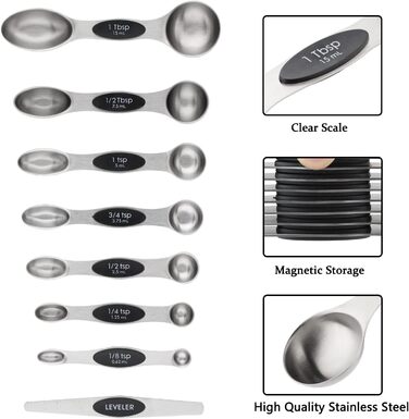 Measuring cup and spoon set includes 5 stainless steel measuring cups, 7 magnetic measuring spoons, and 1 leveler for dry or liquid ingredients (black)