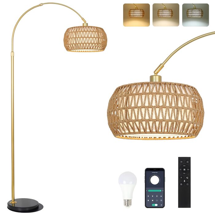 Rayofly Торшер для вітальні Bogenlampe, бохо стиль, ротанг, з пультом ДУ та LED-лампою, керування через додаток, димування, для спальні, офісу (Золотий)