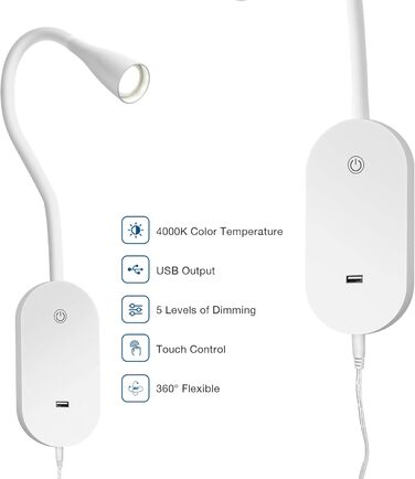 Нічник-лампа для читання Wandleuchte з USB, 5 рівнів яскравості, сенсорне керування, гнучкий кронштейн, білий