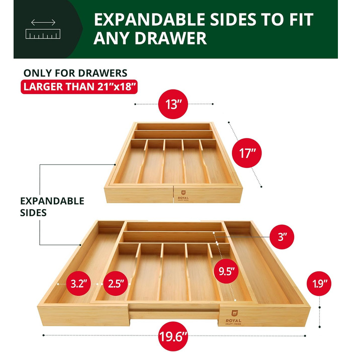 Органайзер для кухонних ящиків з бамбука – тримач для столових приборів та кухонного начиння (9 відділень, натуральний колір)