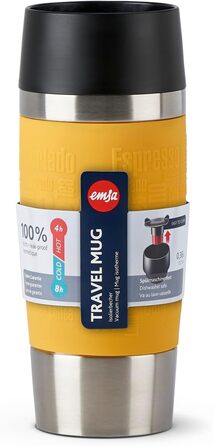 Термокружка Emsa Travel Mug Classic, 360 мл, жовта, з рукавом, 4 години гаряче, 8 годин холодне, 100% герметична