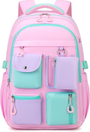 Рюкзак для дівчинки Tanou, великий шкільний рюкзак для підлітків, з тканини Оксфорд, з кількома відділеннями (рожево-зелений)