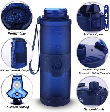 ZORRI Sport Water Bottle for Kids, 500 ml/700 ml/1000 ml, BPA-free, eco-friendly Tritan plastic, reusable water bottles with filter, 1000ml-32oz (Dark Blue, 503 ml)