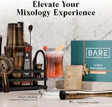 Bare Barrel® Cocktail Shaker Set - 14 Piece Mixology Bar Set with Boston Shaker, Martini Accessories, & Recipe Cards - Perfect Home Bartender Gift Set