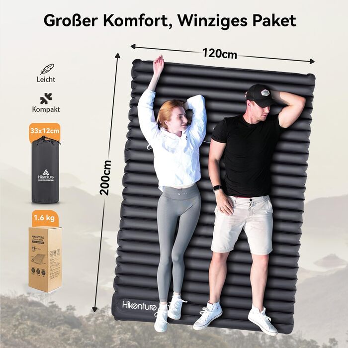 HIKENTURE Double Sleeping Pad Ultralight, Camping Sleeping Pad for 2 People Inflatable, Air Mattress Sleeping Pad Small Pack Size with Foot Pump/Pump Sack, for Travel, Outdoor, Hiking, Beach, Navy Blue (Gray 120x200cm, With Foot Pump)