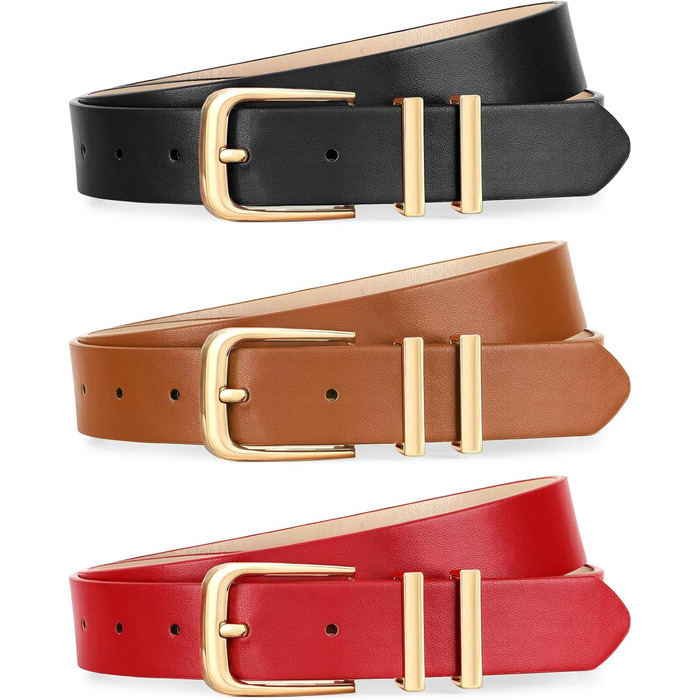 Жіночі шкіряні ремені WERFORU (3 шт.) - Стильні ремені для талії, джинсів, штанів, суконь. Підходить для розміру 81-95 см та 96-105 см (чорний, коричневий, червоний)