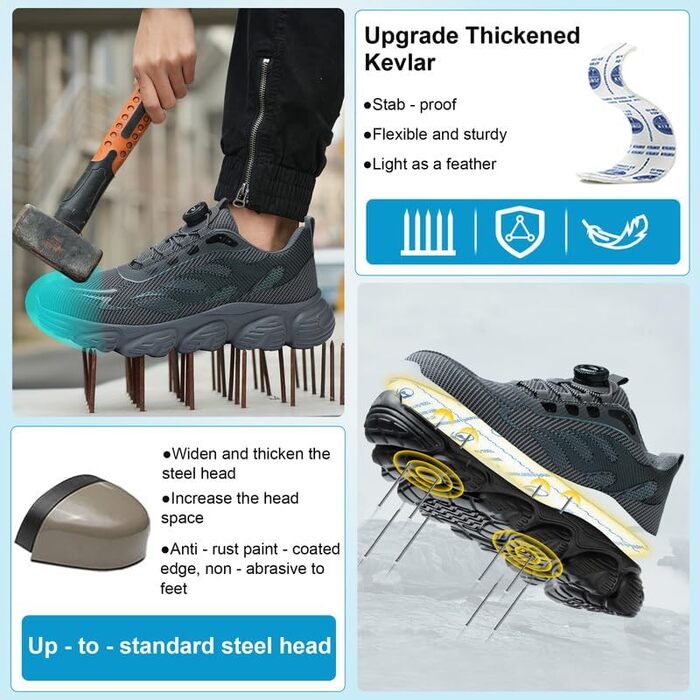Черевики безпеки унісекс для чоловіків та жінок. Спортивні робочі черевики з металевим капами. Дихаючі, легкі, розміри 38-46 EU, сірий колір.