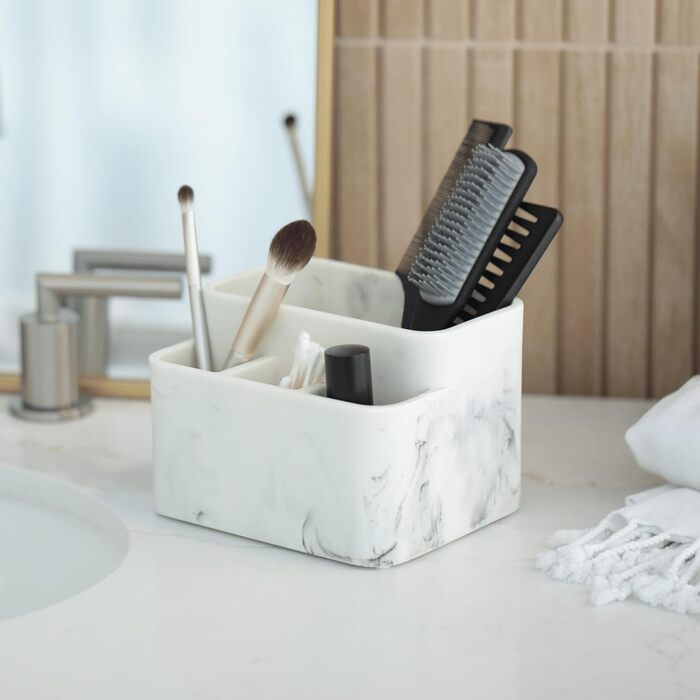 White marble toothbrush holder and bathroom organizer – keeps your bathroom counter organized and stylish.