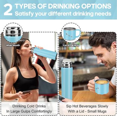 Термос з нержавіючої сталі 550 мл - термос-пляшка без протікань з чашкою та ручкою, вакуумний термокухоль 12 год гаряче / 12 год холодне, неслизький келих для кави в дорозі для спорту, роботи, школи, авто (Блакитний)