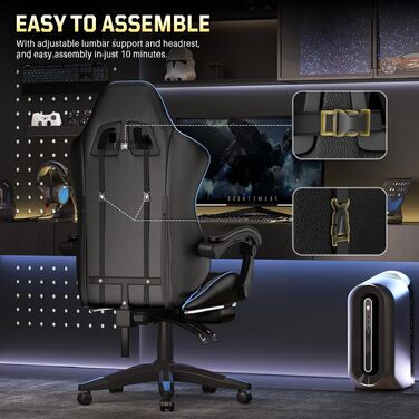 Ігрове крісло Bigzzia Ergonomic Gaming Stuhl з підставкою для ніг та функцією масажу, синій