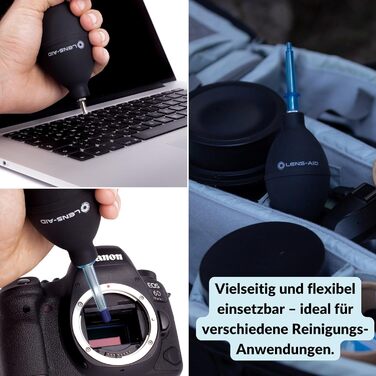 Набір для чищення камери Lens-Aid 3 в 1: повітряний насос, олівець для чищення та 5 мікрофібрових серветок. Підходить для сенсорів, об'єктивів, камер, дисплеїв, фільтрів та оптики. Ідеальний для фотоаксесуарів та техніки.