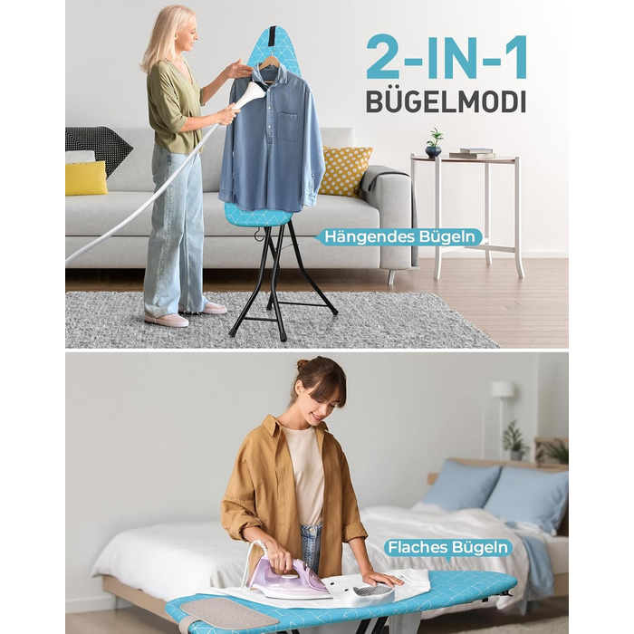 LyriFine Прасувальна дошка 2-в-1 для прасування з парою та класичного прасування, стійка до нагрівання, складана з гачком, міцний сталевий каркас, для парогенераторів (Синій колір з підставкою для праски)