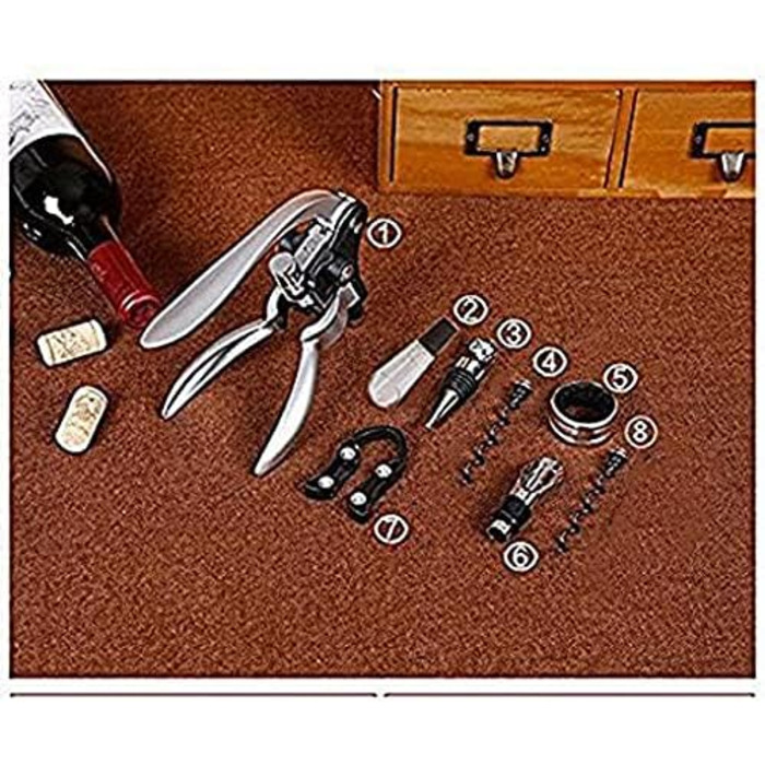 Cooko Korkenzieher, Manual Wine Opener Kit with Aerator and Pourer, Zinc Alloy Handle Corkscrew, Deluxe Wine Opener Accessories with 8 Pieces, Elegant Design Set with Dark Cherry Wood Box