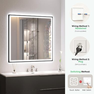 Дзеркало для ванної кімнати S'bagno з підсвічуванням 100x70 см, 5x збільшення, LED, рамка з алюмінію, протитуманне покриття, 3 кольори, диммування, функція пам'яті, HD загартоване скло, IP44, водонепроникність