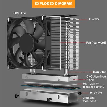 Охолоджувач CPU TZMRIT KF200 з 2 тепловими трубками, RGB LED, чорний, 9см, 2200RPM, для LGA115X/1200/17XX/1366, FM1/FM2/AM2/AM3/AM4/AM5 (M2)