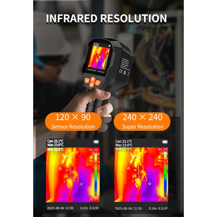 Тепловізор SuperIR 240x240: Тепловізійна камера з інфрачервоним термометром та видимим зображенням, 25 Гц, -18°C до 550°C