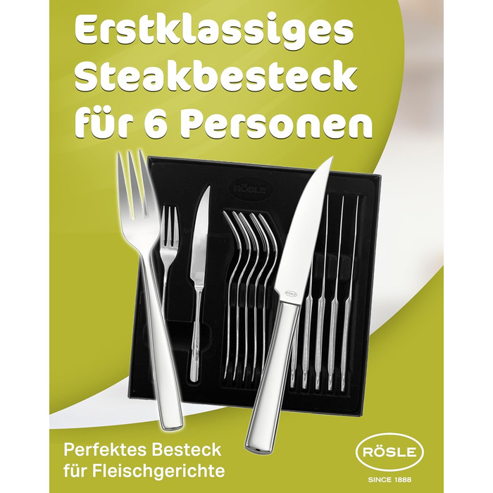 RÖSLE ELEGANCE Steak Set, 12-Piece – High-Quality Steak Set for 6 People made of Stainless Steel 18/10 and Special Blade Steel – Highly Polished, Dishwasher-Safe, in Elegant Gift Box, 12-Piece Steak Set