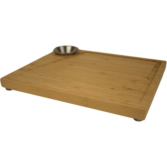 Bamboo Steak Board 2-Piece Set with Stainless Steel Sauce Containers and Juice Groove, Professional Wooden Serving Board for Meat, with 4 Non-Slip Feet, Dimensions: 30 x 25 x 3 cm